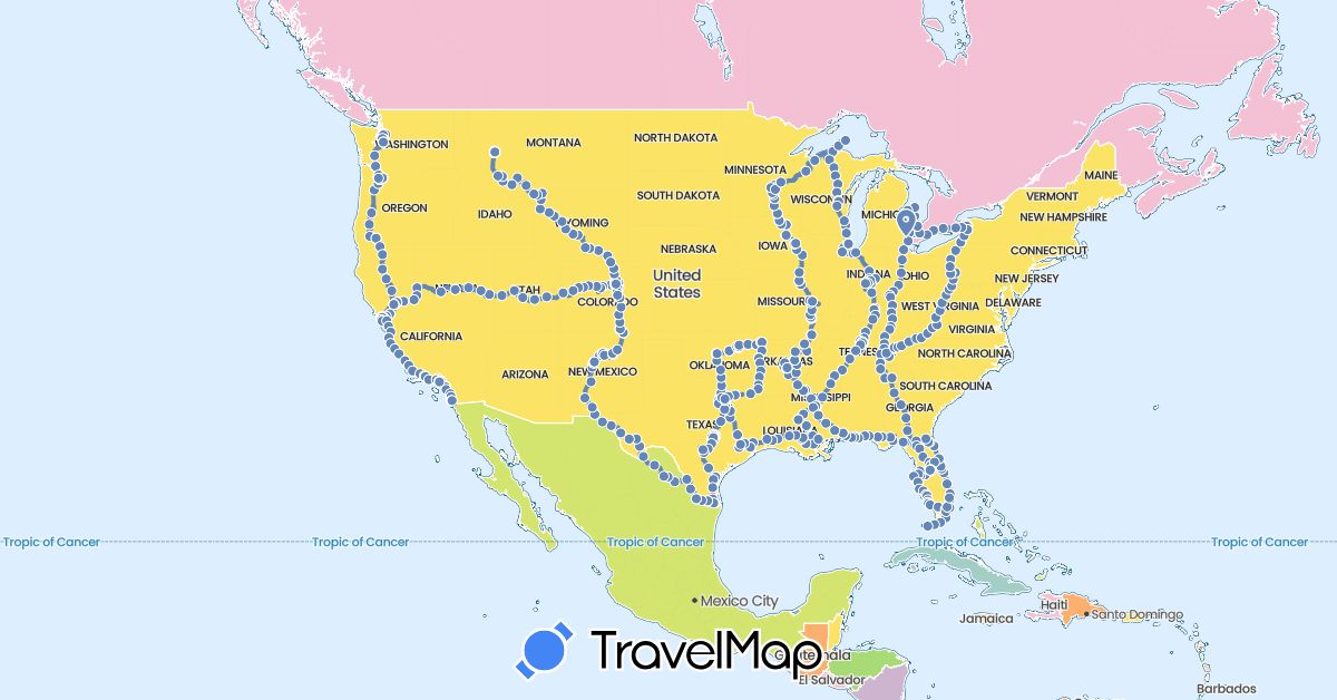 TravelMap itinerary: cycling, hiking in Canada, Mexico, United States (North America)