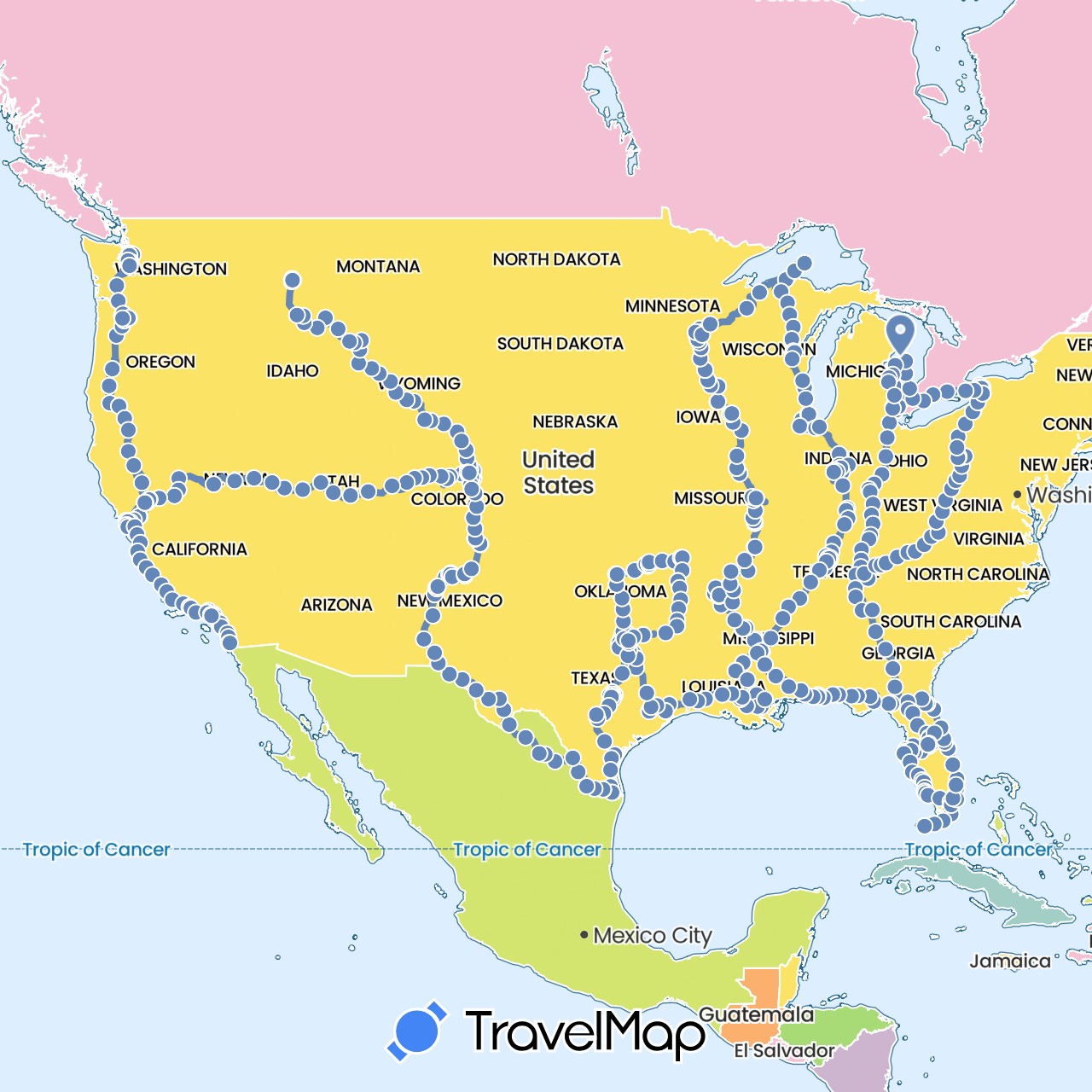 TravelMap itinerary: cycling, hiking in Canada, Mexico, United States (North America)